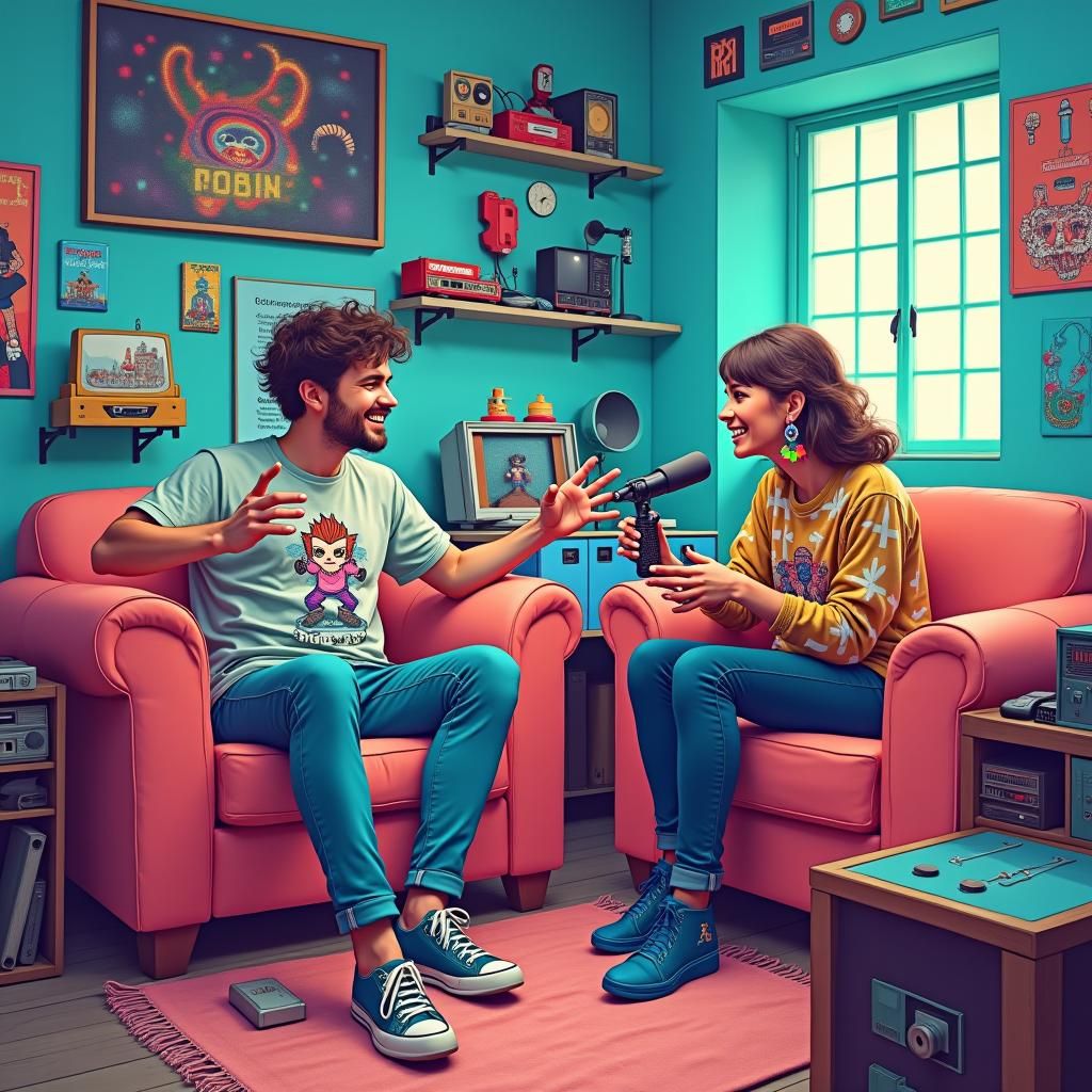 Retro-Futuristic Living Room with Podcasters in Akira Toriya...