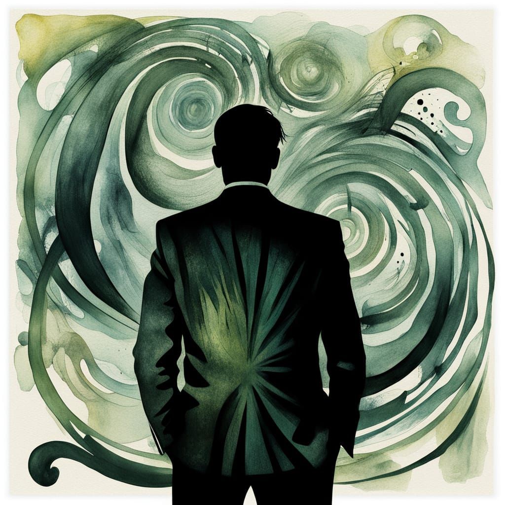 Mysterious Figure Lost in Thought Amidst Swirling Patterns
