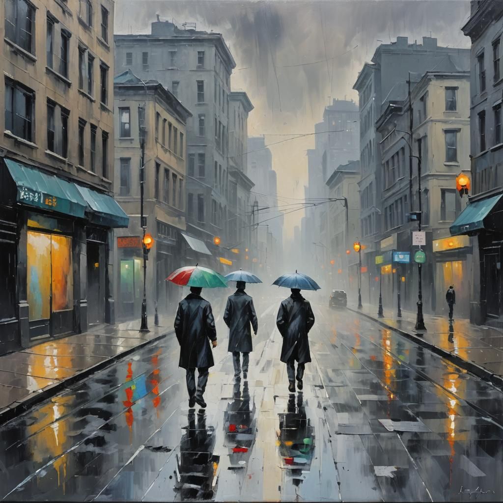 Rainy Street Scene as Impasto Oil Painting