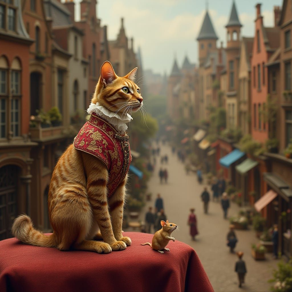 Regal Abyssinian Cat Overlooks Bustling Miniature Cityscape ...