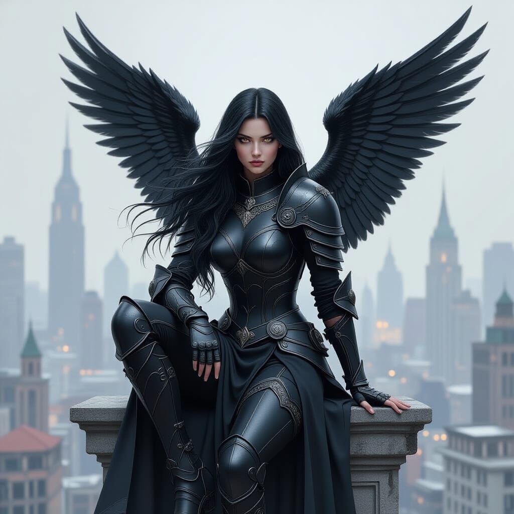 Angel in Dark Armor Over Colorful City - Charcoal Drawing
