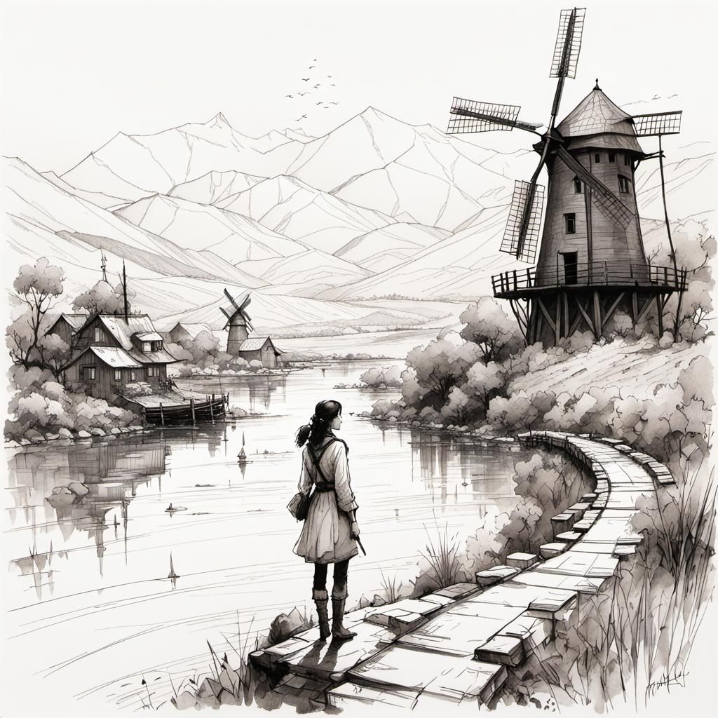Whimsical Girl Portrait with Windmill, Pencil and Ink Style