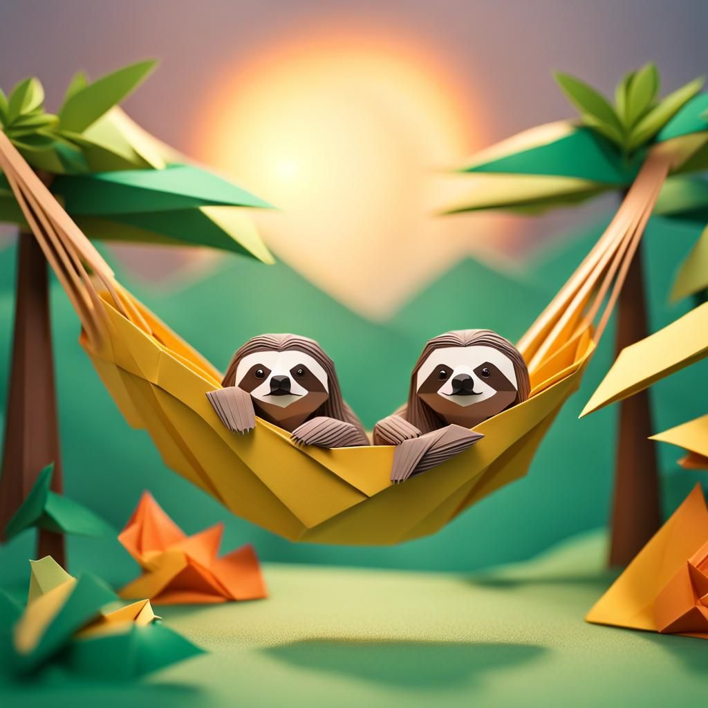 Sloths in Hammock at Sunrise: Origami Papercraft Style