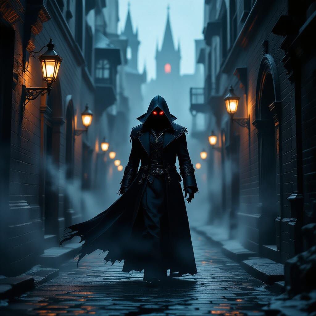 Mysterious Vampire in Misty Gothic Alley, Cinematic Dark Fan...