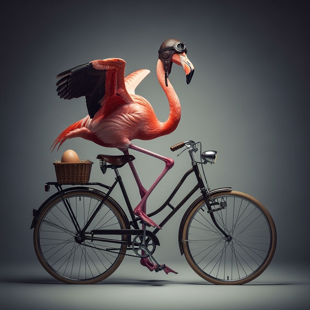 Flamingo on Vintage Bike with Aviator Helmet