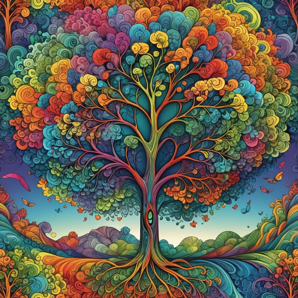 Rainbow Tree in Abstract Fractal Art Style