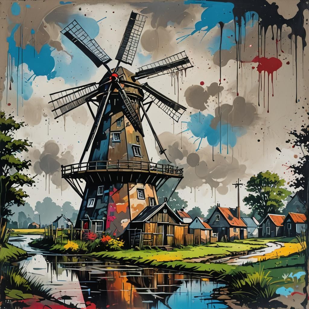 Dutch Windmill in Graffiti Art Style