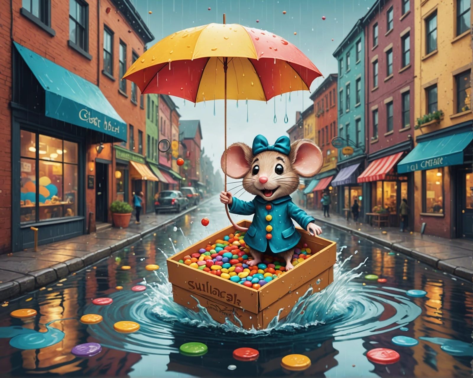 Mouse on Cereal Box in Surreal Rainy Street