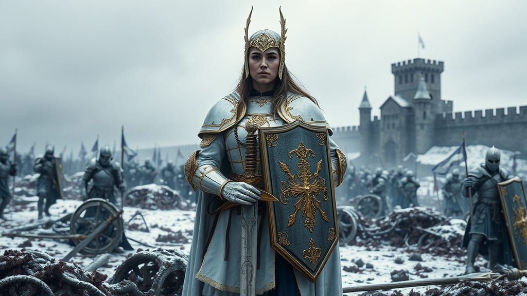 Unyielding Paladin in White and Gold Armor, Surrounded by Ba...