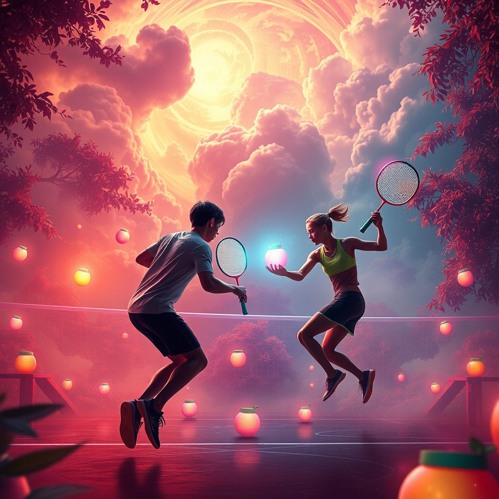 Glowing Apple Badminton in Dreamlike Landscape