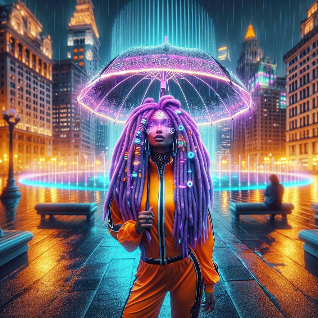 Afro-Futurist Goddess in Prismatic Rain Showers