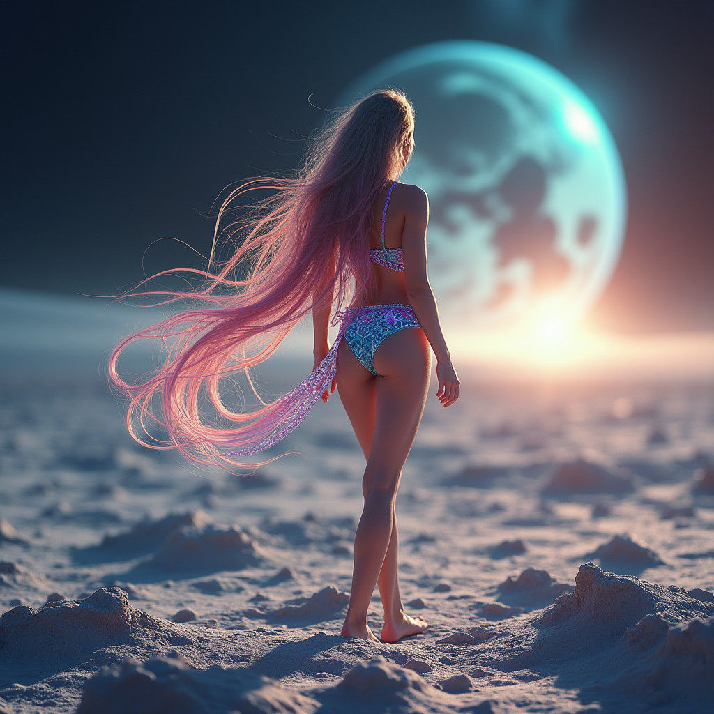 Woman in Bikini Walks on Lunar Surface