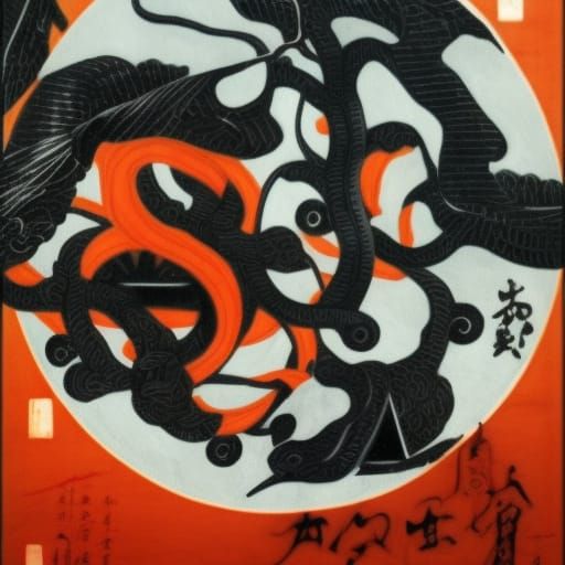 Yin Yang Birds in Ukiyo-e Style