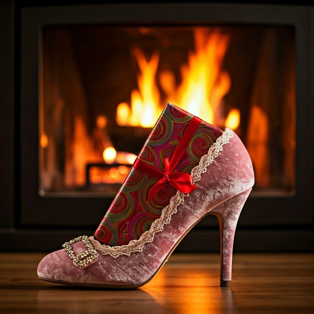 Velvet High Heel Gift in Cozy Fireplace Scene