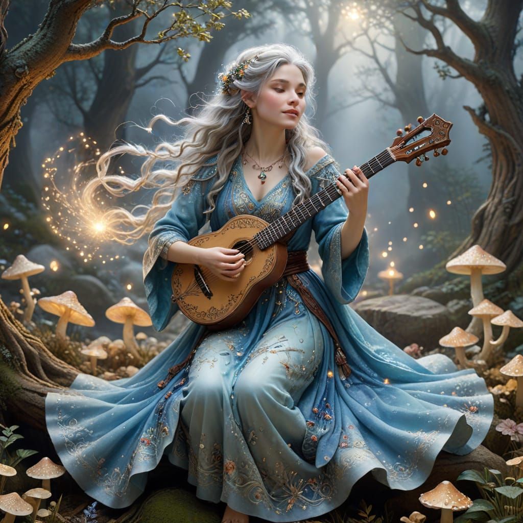 Ethereal Elderly Dwarven Bard in Whimsical Fantasy Scene