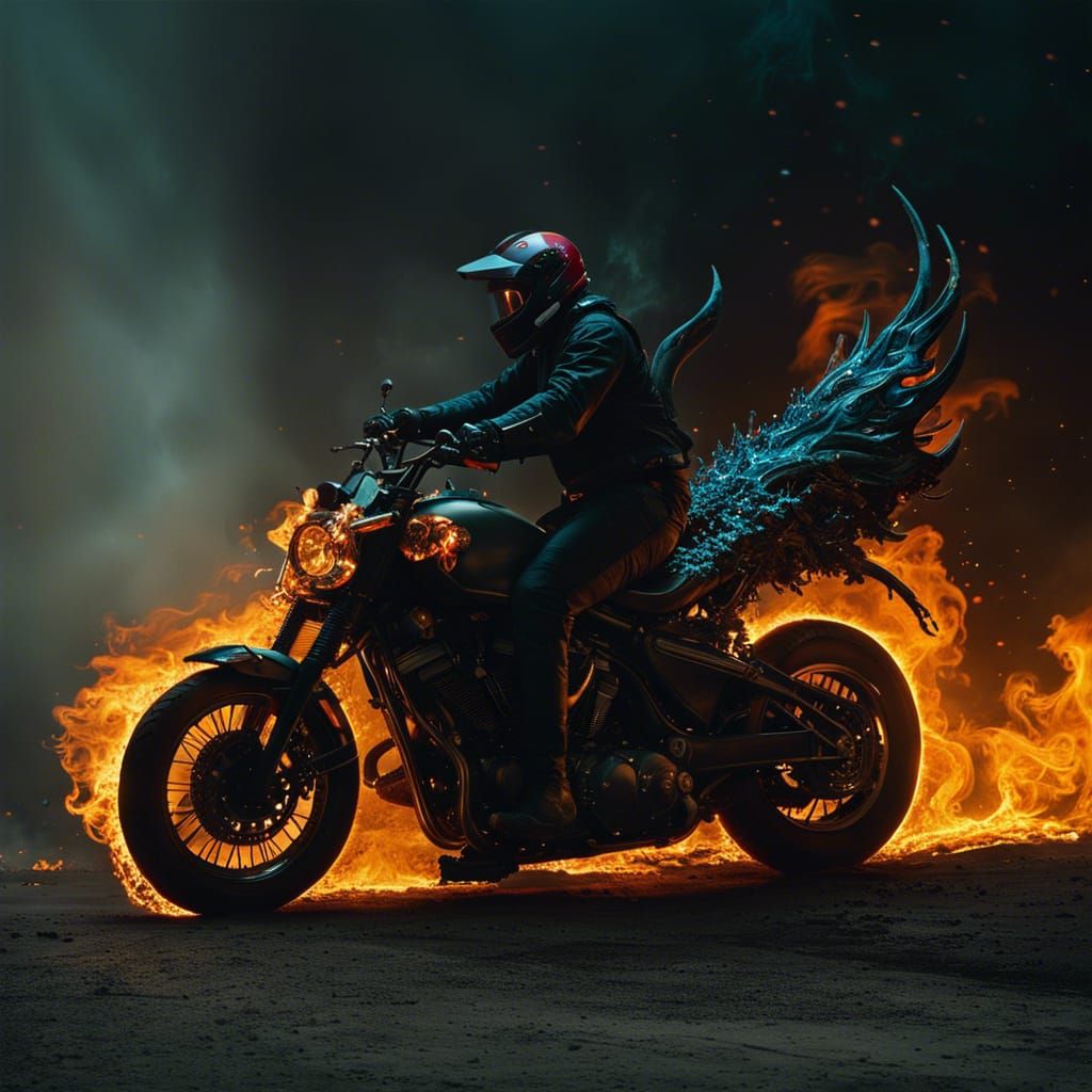 Demonic Antelope Rides Flaming Skull Motorcycle