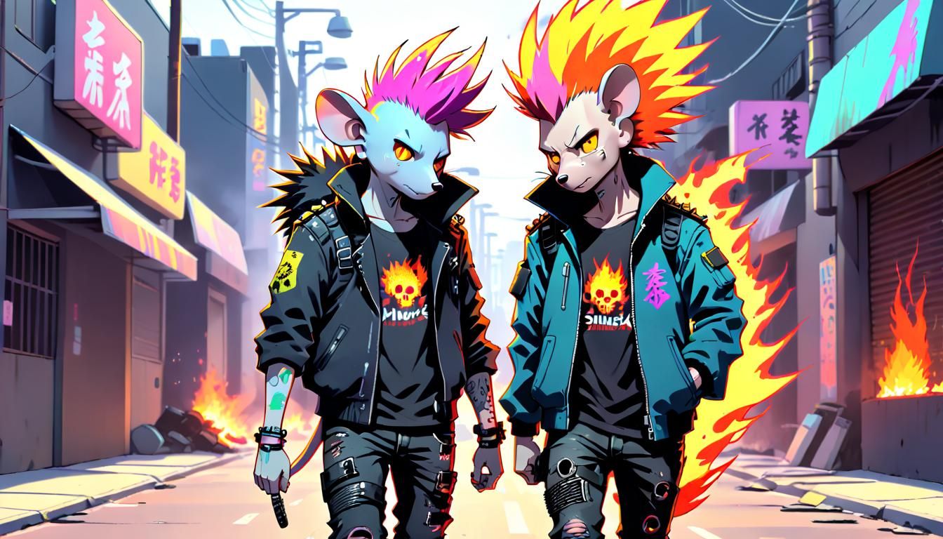 Punk Rats in Cyberpunk Cityscape with Molotovs