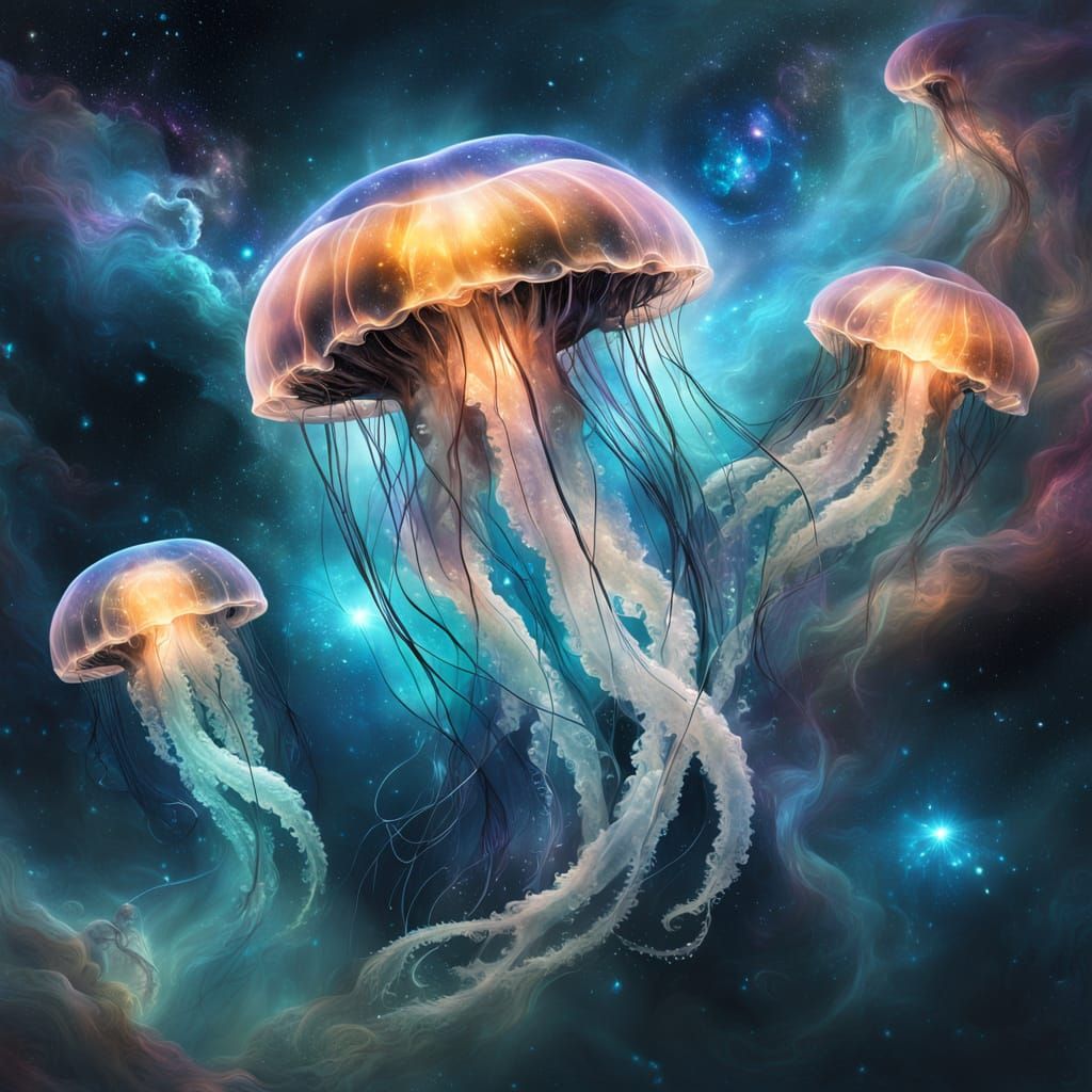 Bioluminescent Jellyfish Drifting Through Nebula in Digital ...