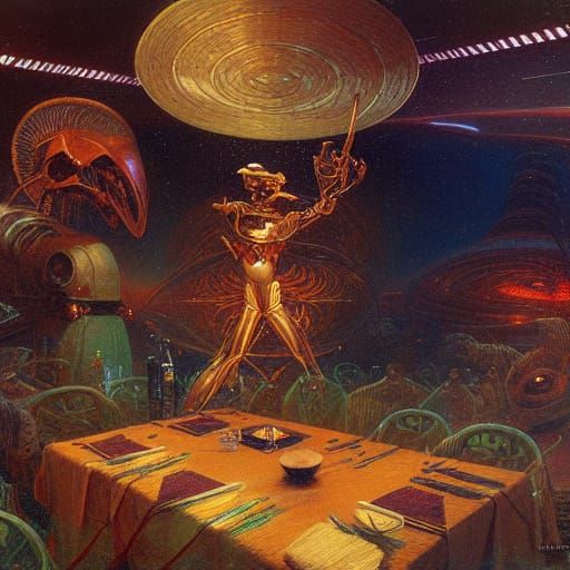 Surreal Restaurant Scene with Cybernetic Figures