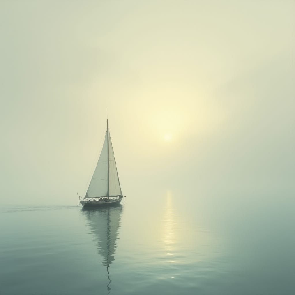 Sailboat Drifting on Misty Sea: Impressionist Style