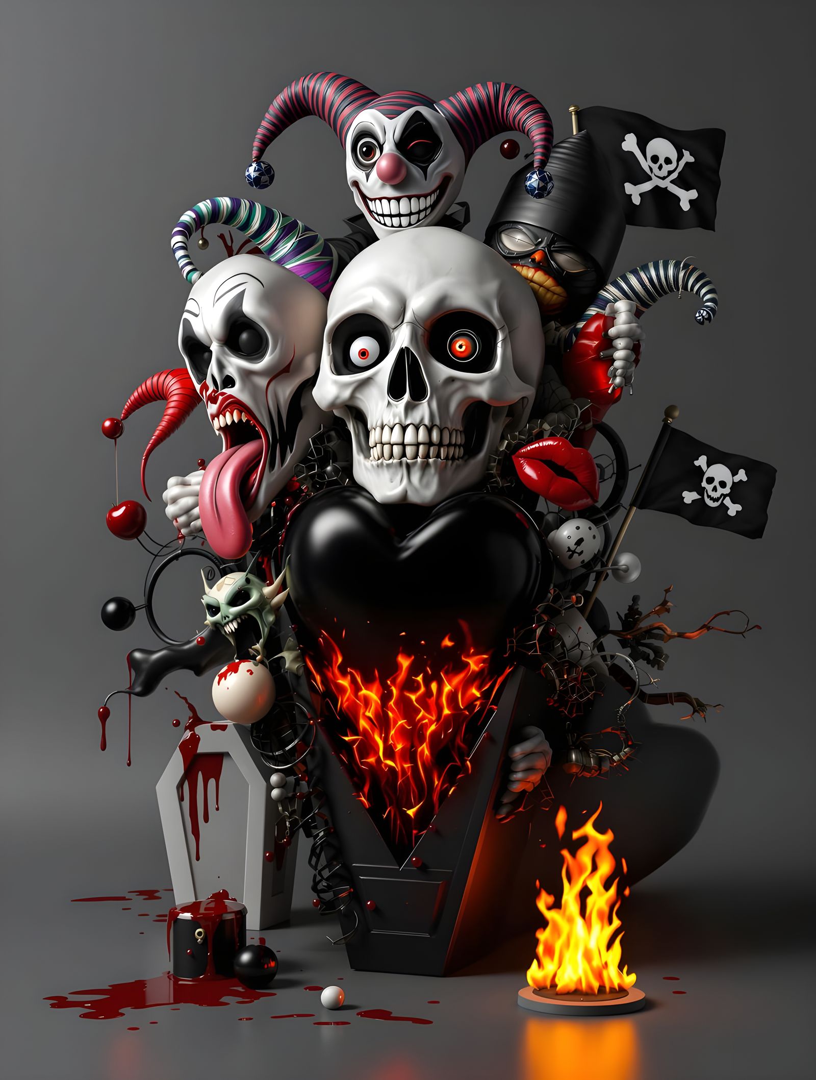 Surreal Skulls, Masks, and Hearts in 3D Render