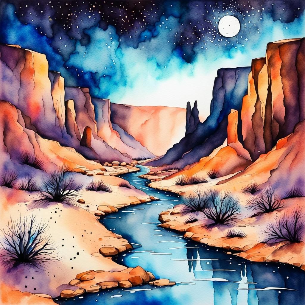 Starlit Desert Canyon in Watercolor Style