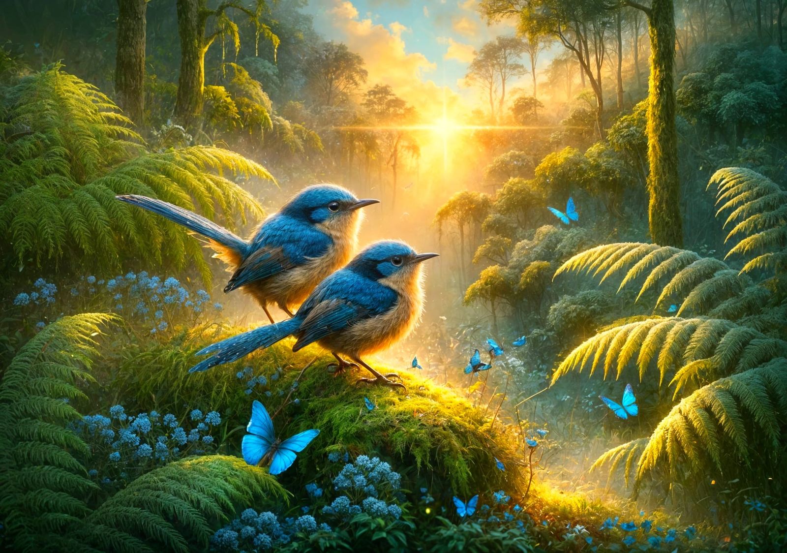 Blue Wrens on Mossy Rock at Dawn