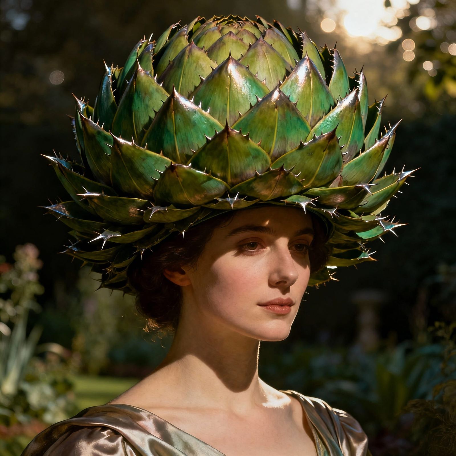 Woman with Detailed Artichoke Hat in Garden