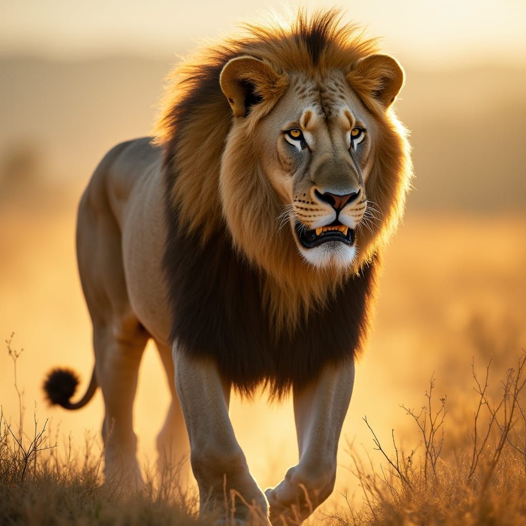 Lion Roaming the Savannah with Shaggy Mane