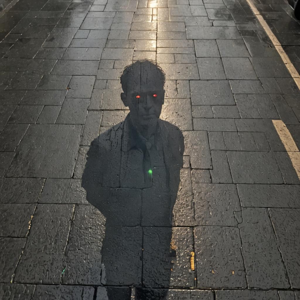 Shadowy Man with Glowing Eyes in the Rain