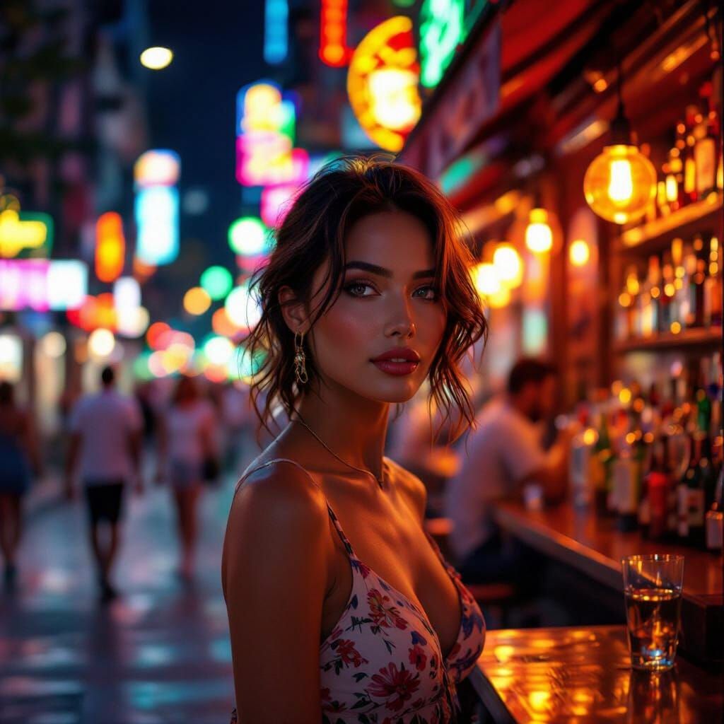 Cinematic Summer Evening City Street with Neon Reflections