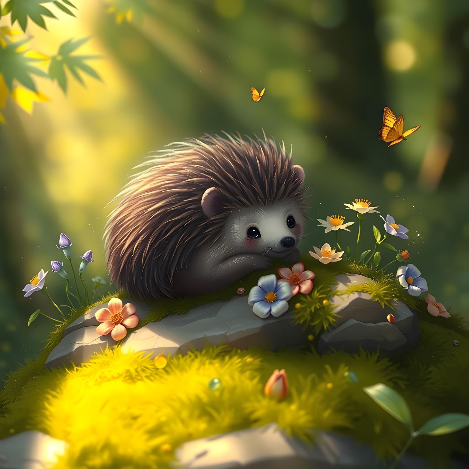 Whimsical Hedgehog in Sun-Dappled Forest Glade