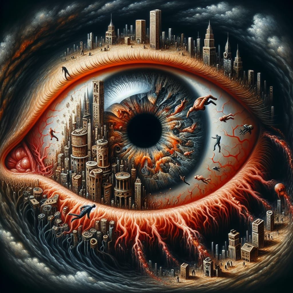 Surreal Cityscape Eye: A Detailed Oil Painting
