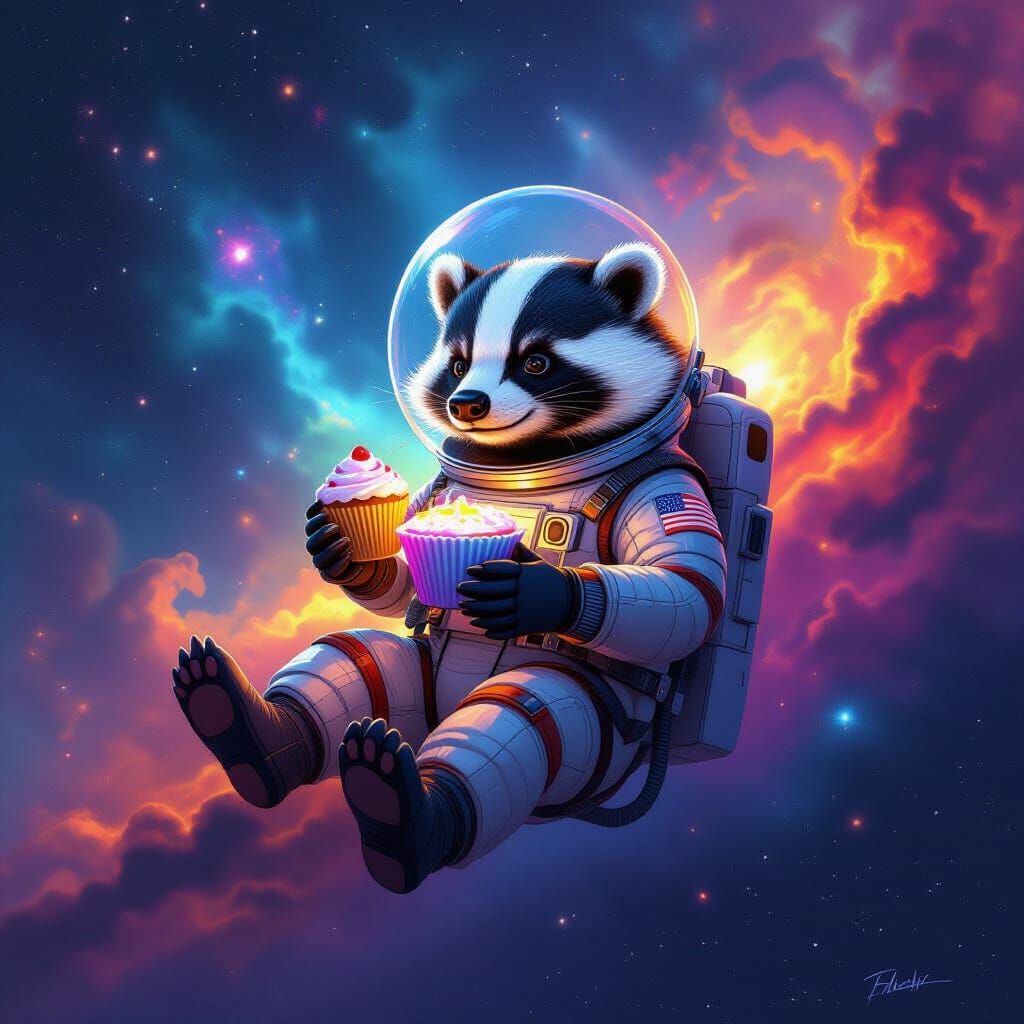 Grumpy Badger in Spacesuit Floats with Glowing Cupcake