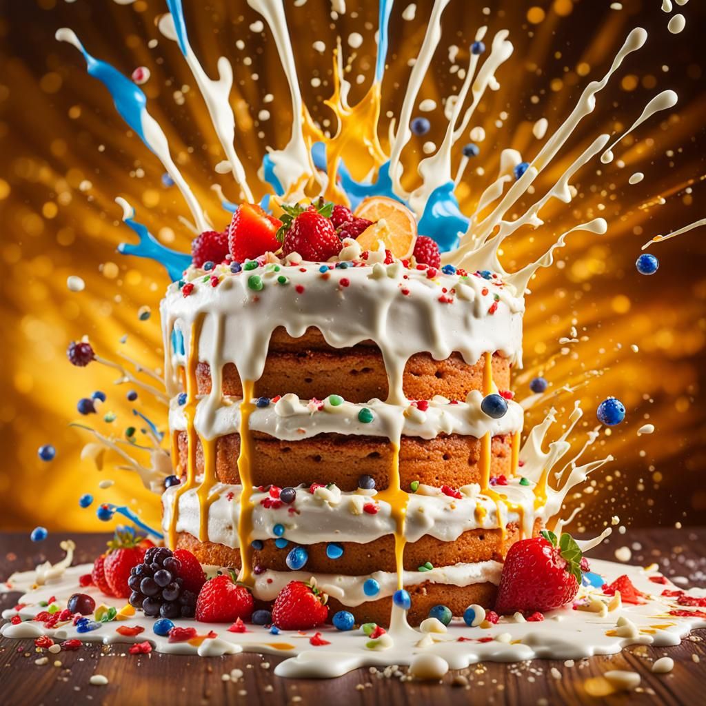 Dynamic Food Explosion: Cake with Cream Splashes