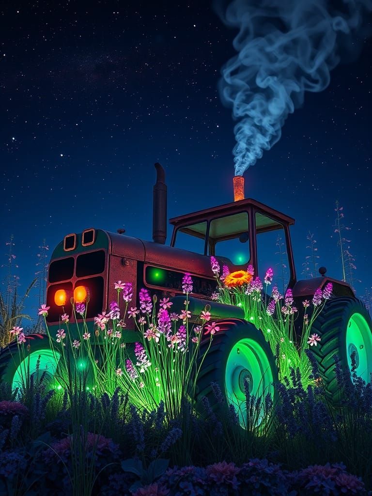 Bioluminescent Tractor Sculpture in Ethereal Garden