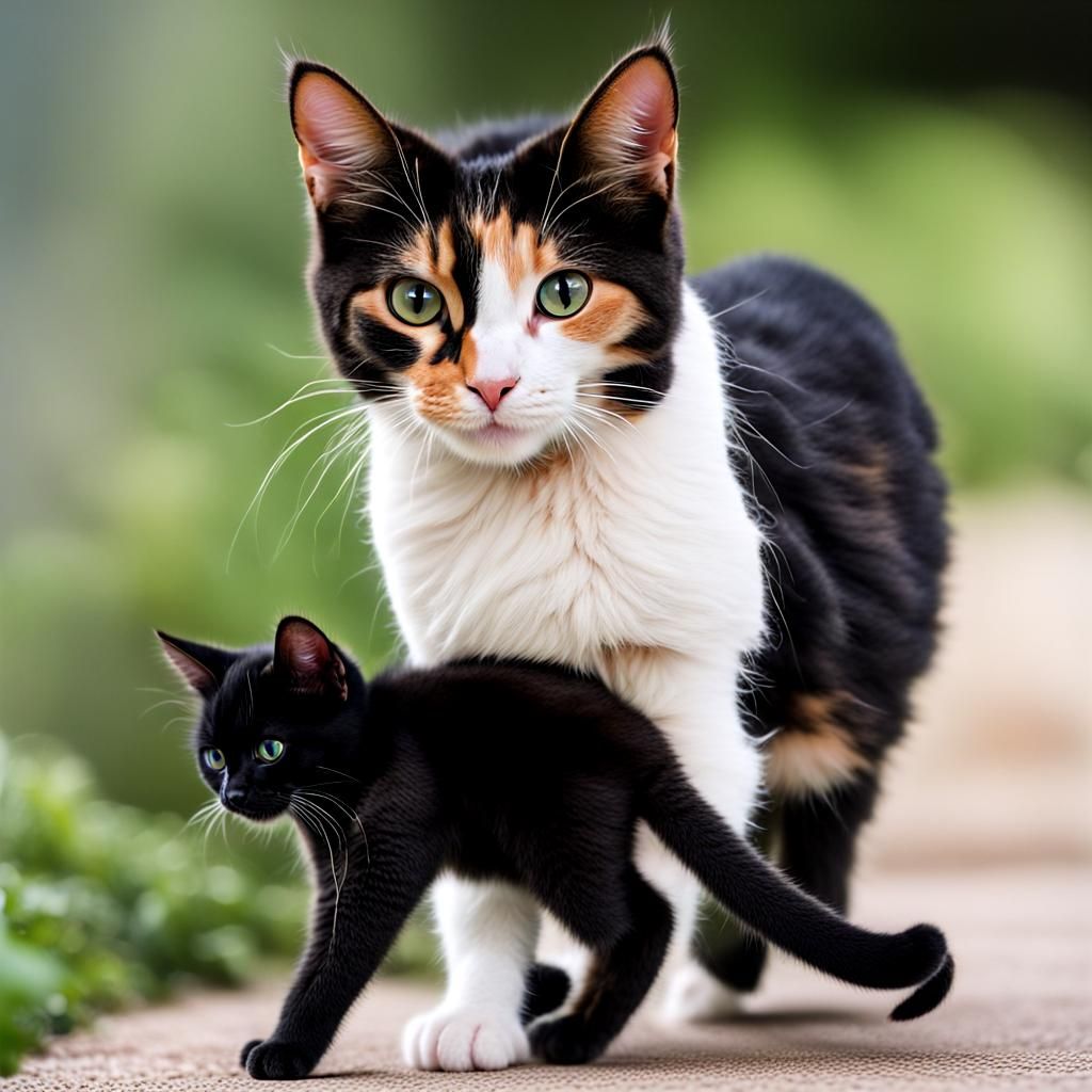 Calico Mom and Black Kitten
