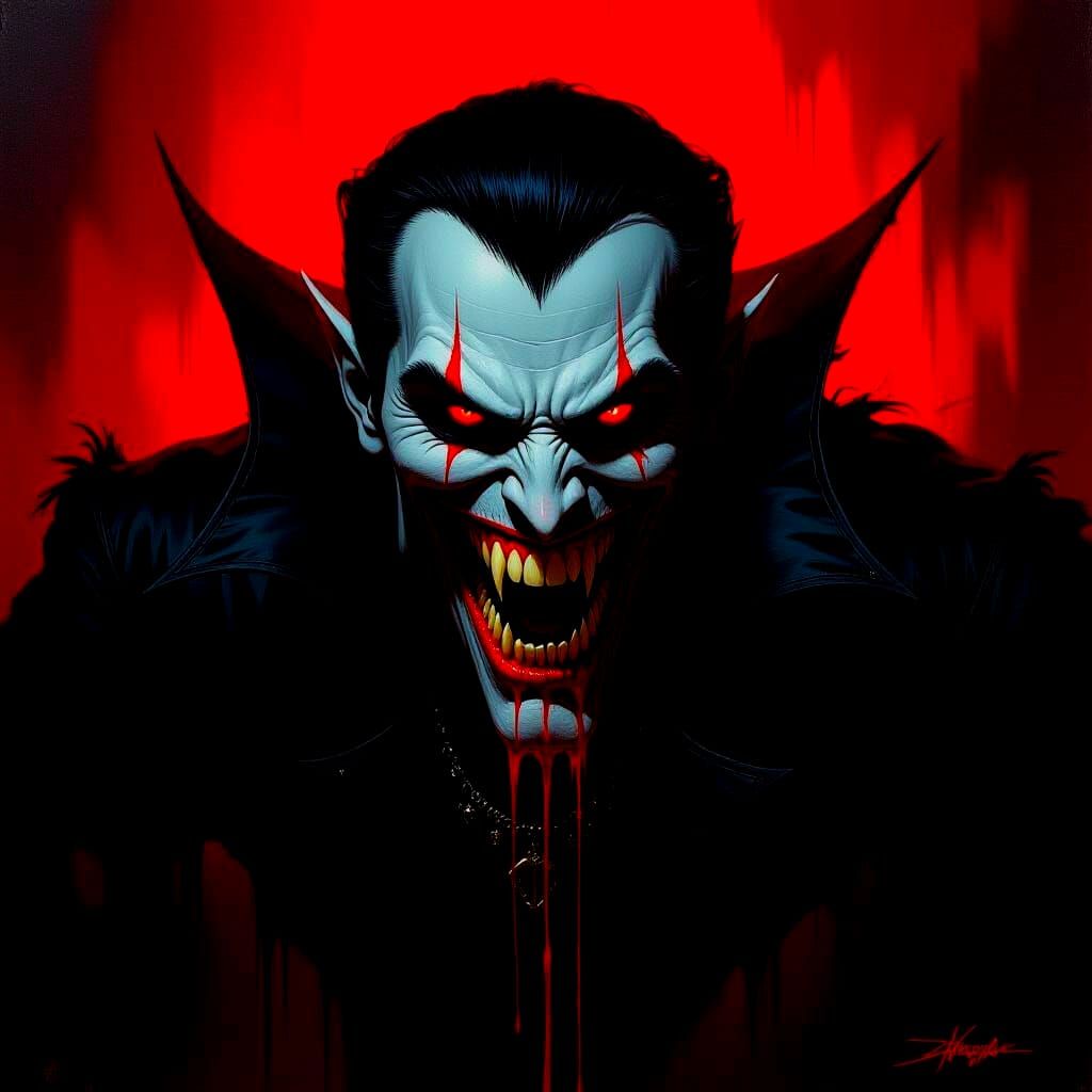 Frightening Vampire With Crimson Fangs Approaches Viewer