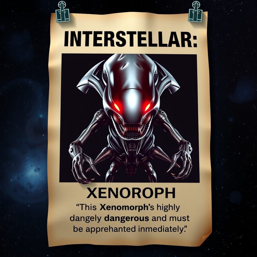 Futuristic Wanted Poster: Menacing Metallic Xenomorph