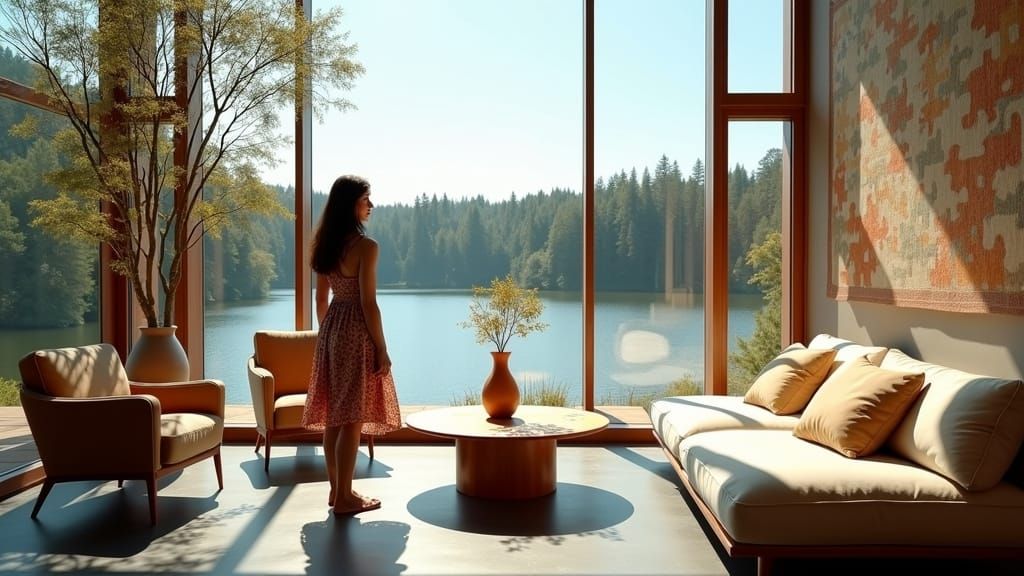 Smiling Woman in Modern Home with Lake View