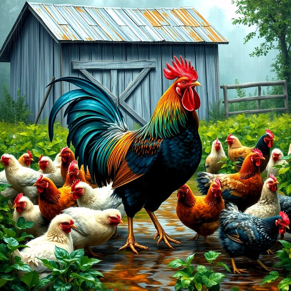 Barnyard Scene with Chickens and Rooster After Rain