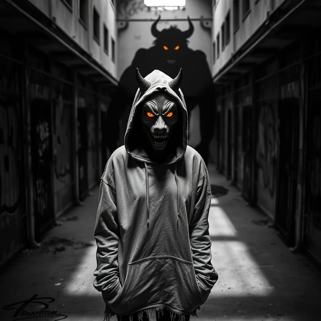 Gritty Prison Ghost Haunts with Menacing Oni Mask