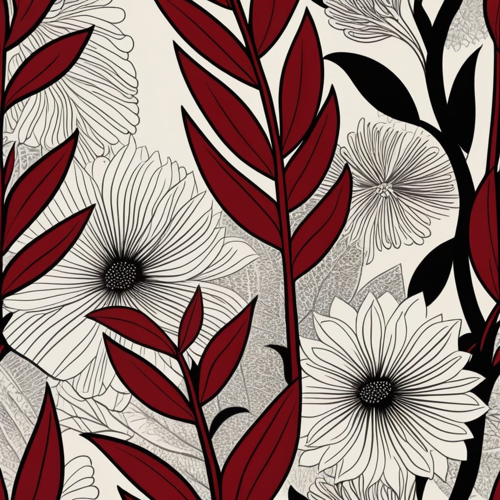 Abstract Botanical Art with Bold Linework and Red Shading