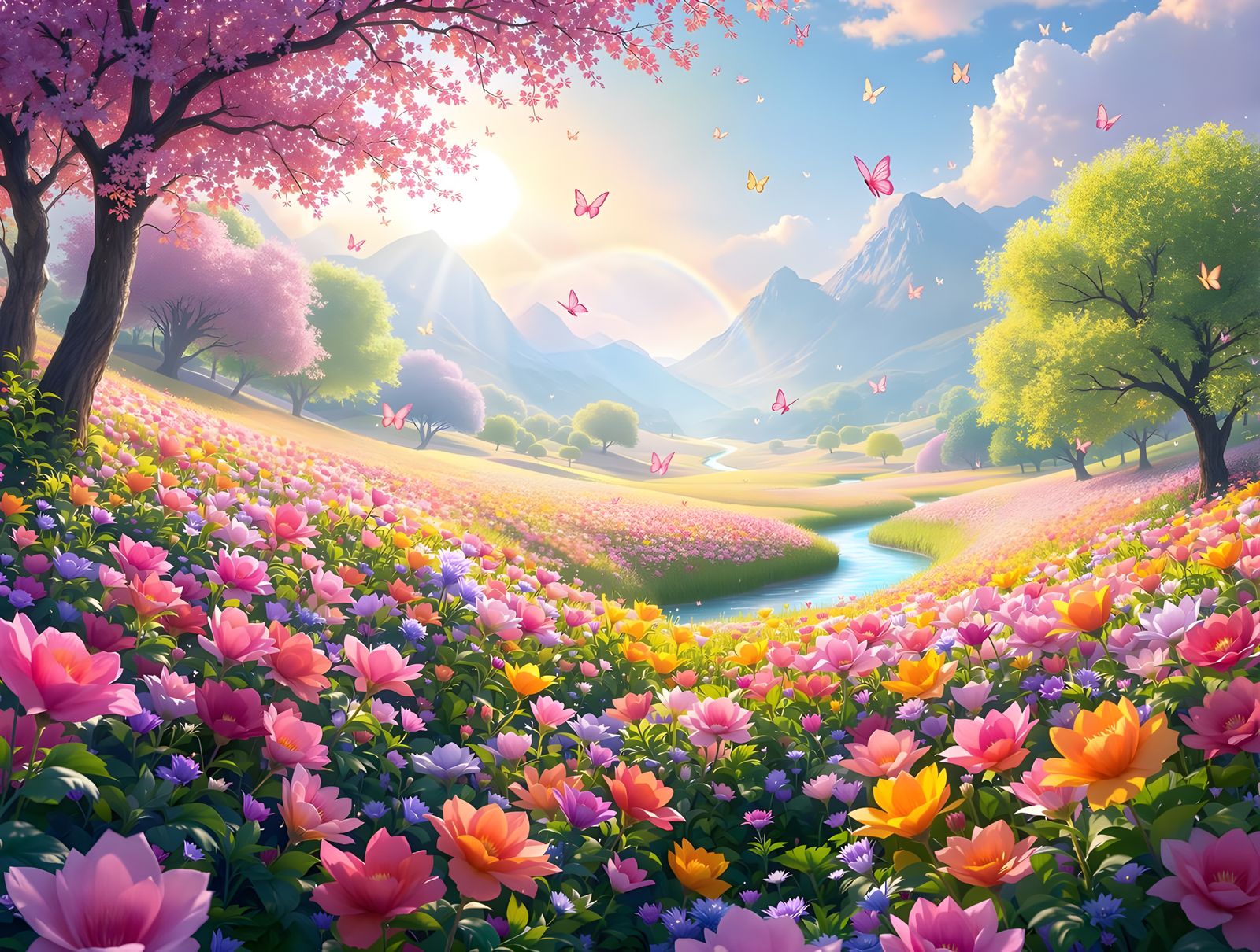 Vivid Fantasy Landscape with Rainbow and Crystal River