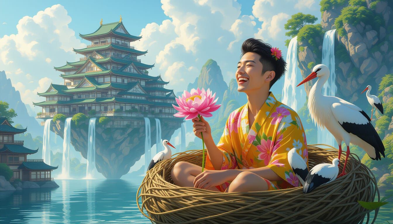 Floating Water City with Stork Nest, Japanese Aesthetic