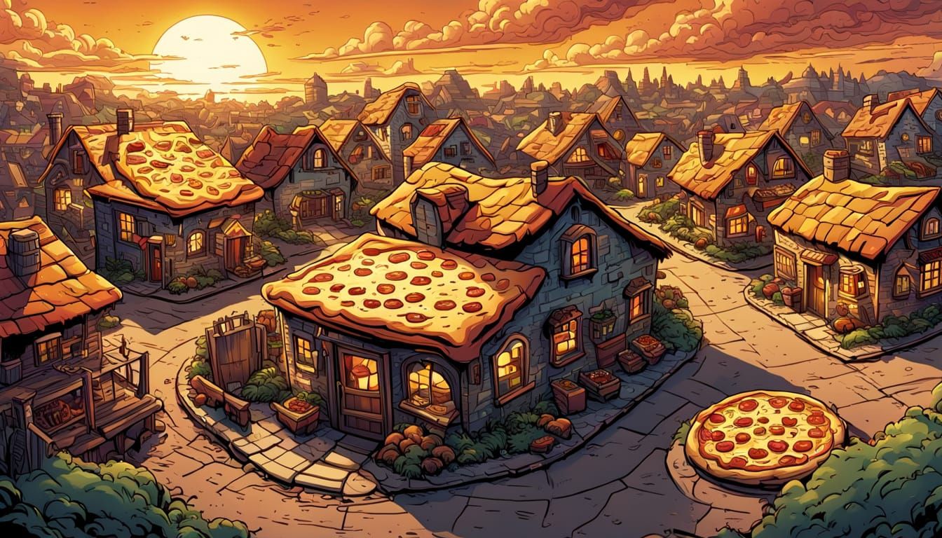Cozy Pizza Village in Comic Book Style