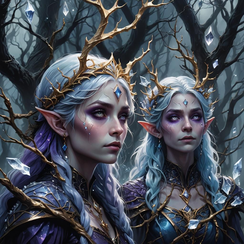 Elves with Crystallized Hair in Dark Fantasy Forest
