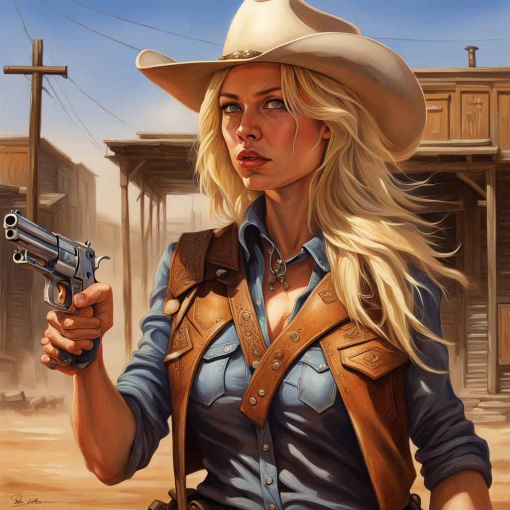 Hyperrealistic Cowgirl in Dusty Western Town