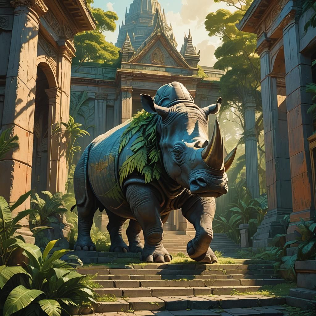 Winged Rhino at Temple: Matte Painting Style
