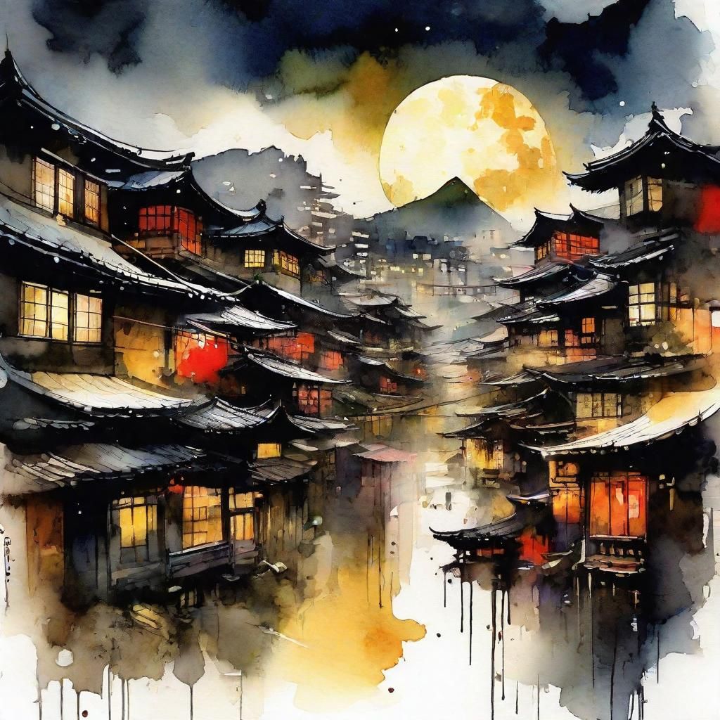 Nighttime Japanese City in Watercolor Style